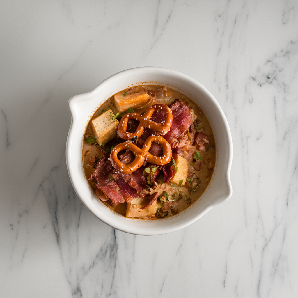 Hearty Bacon Cheeseburger Stew with Pretzel Croutons