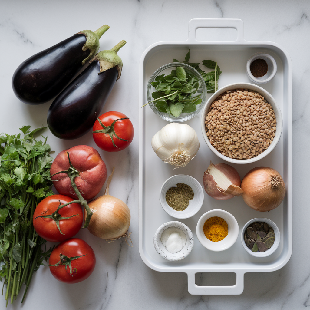 Ingredients for Hearty Eggplant and Lentil Crustless Lasagna: A Nutrient-Packed Healthy Makeover