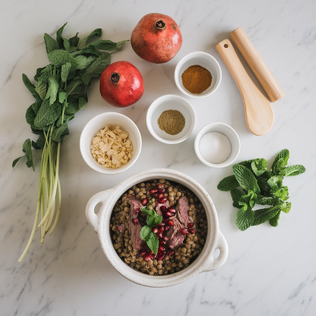 Ingredients for Hearty Lamb and Lentil Stew with Pomegranate and Mint