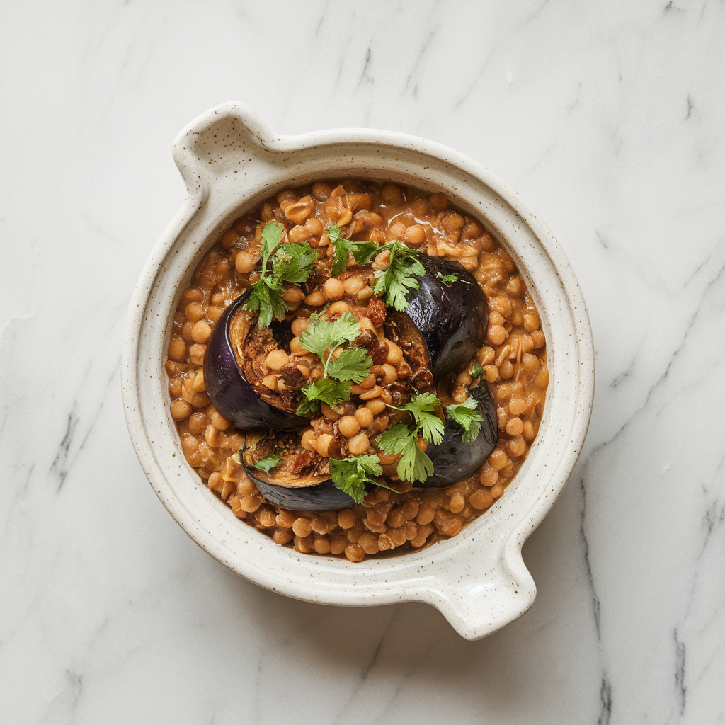 Hearty Lentil and Roasted Eggplant Stew with Moroccan Spices