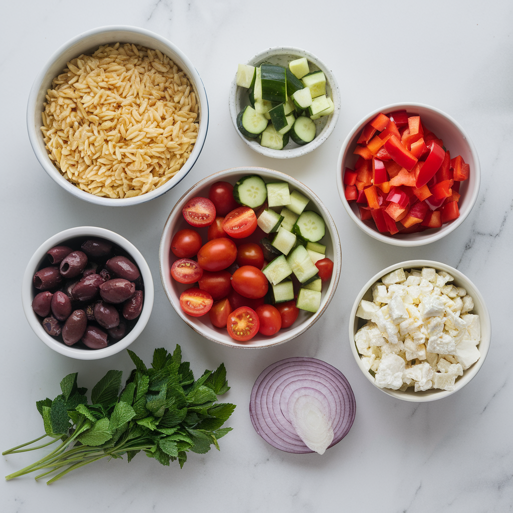 Ingredients for Hearty Mediterranean Orzo Salad with Zesty Lemon Herb Dressing