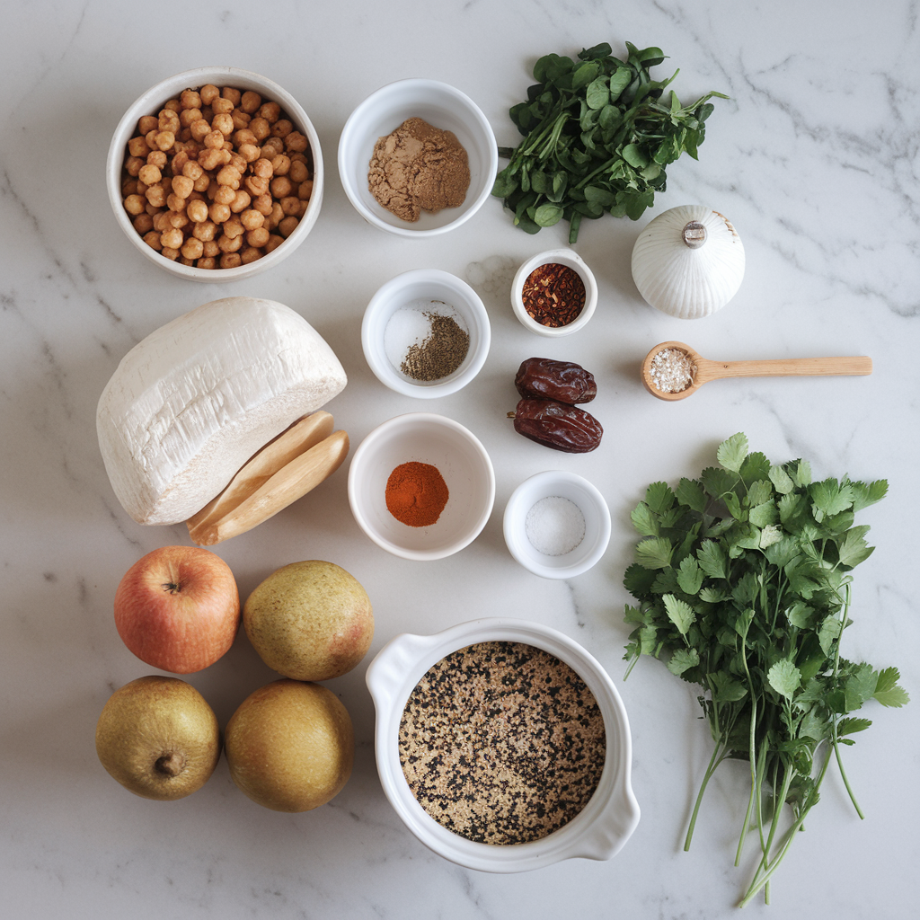 Ingredients for Hearty Moroccan Chickpea and Date Stew with Herbed Quinoa