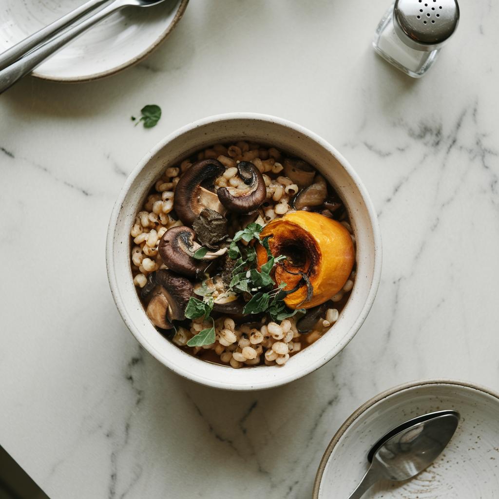 Hearty Mushroom and Barley Miso Stew with Roasted Squash