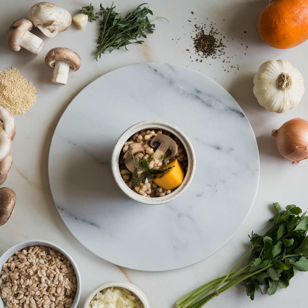 Ingredients for Hearty Mushroom and Barley Miso Stew with Roasted Squash