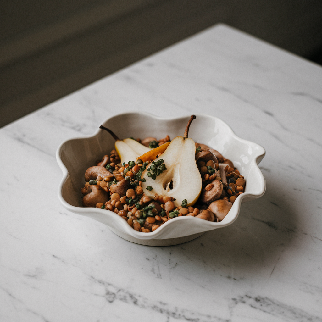 Hearty Mushroom & Lentil Stew with Spiced Pears