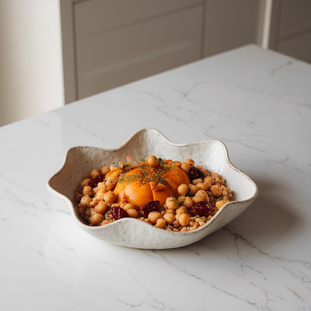 Hearty Pumpkin & Cranberry Barley Stew with Nutty Chickpeas