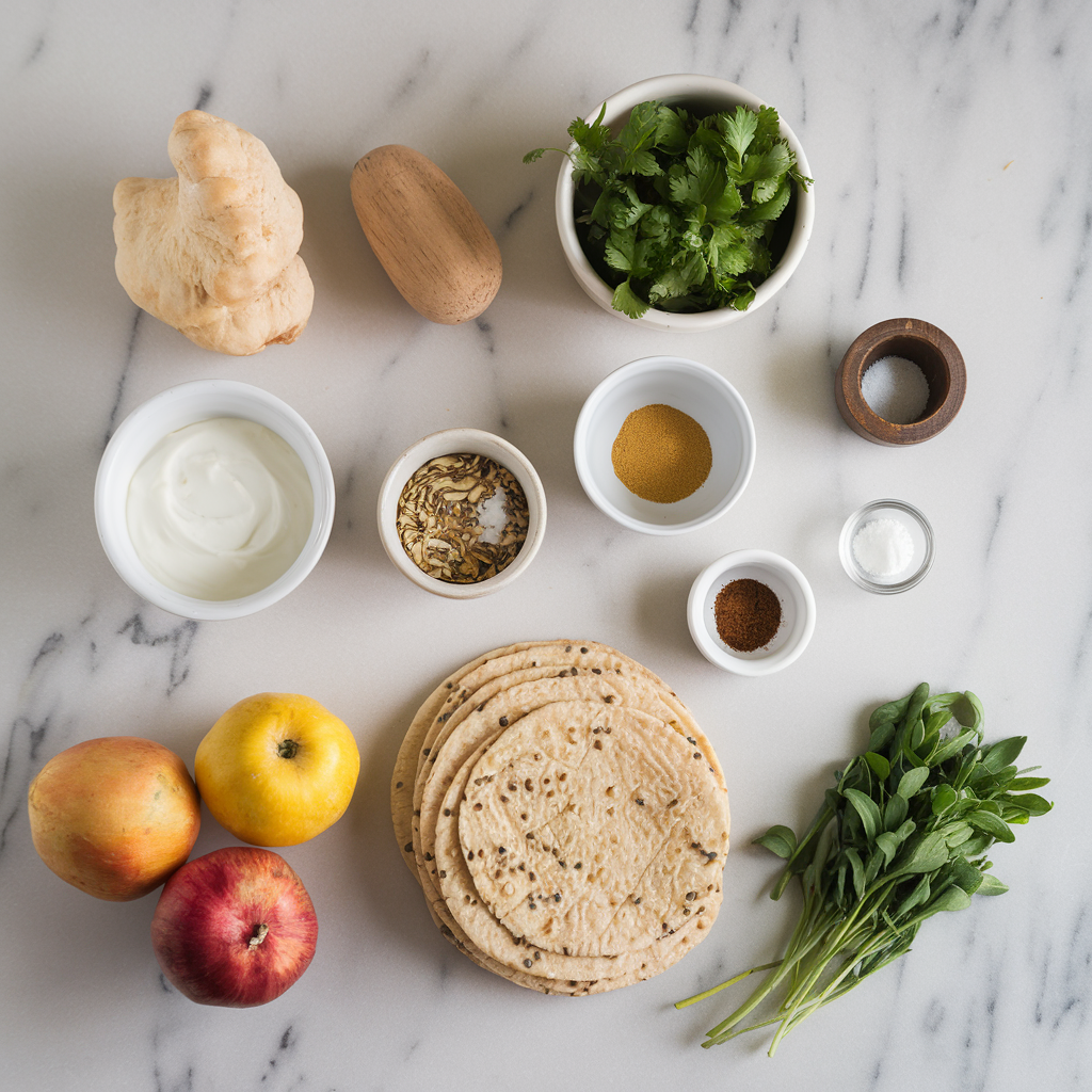 Ingredients for Hearty Sprouted Lentil and Herb Flatbreads with Saffron Yogurt Dip