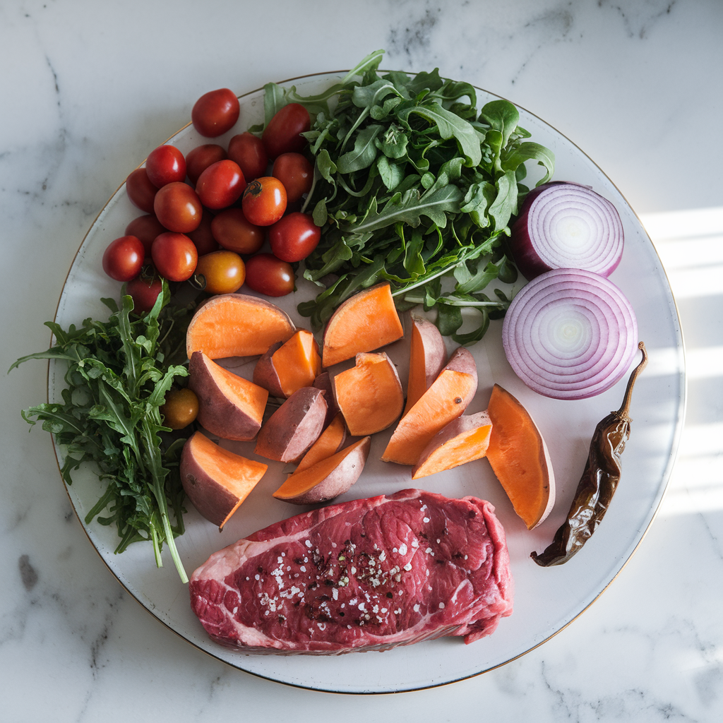 Ingredients for Hearty Steak & Sweet Potato Salad with Smoky Chipotle Vinaigrette