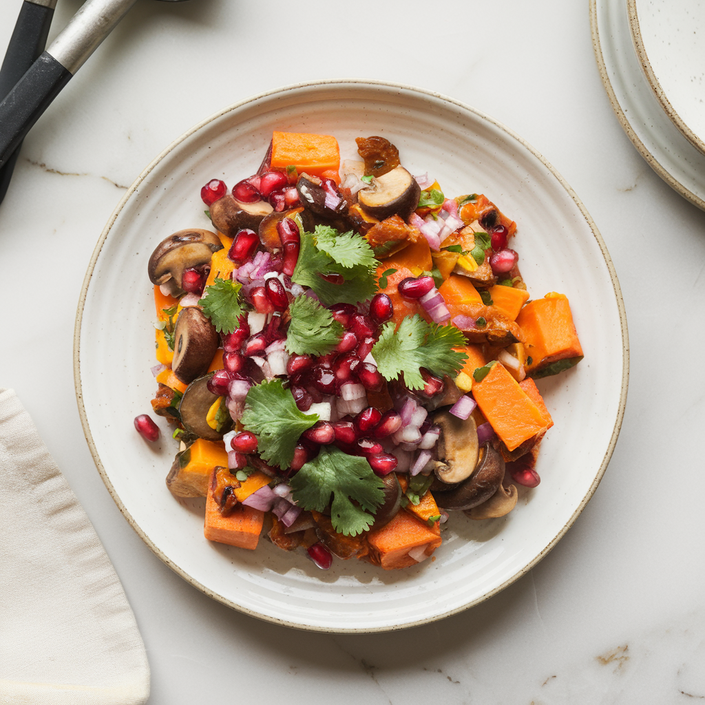 Hearty Sweet Potato & Mushroom Breakfast Hash with Pomegranate Salsa