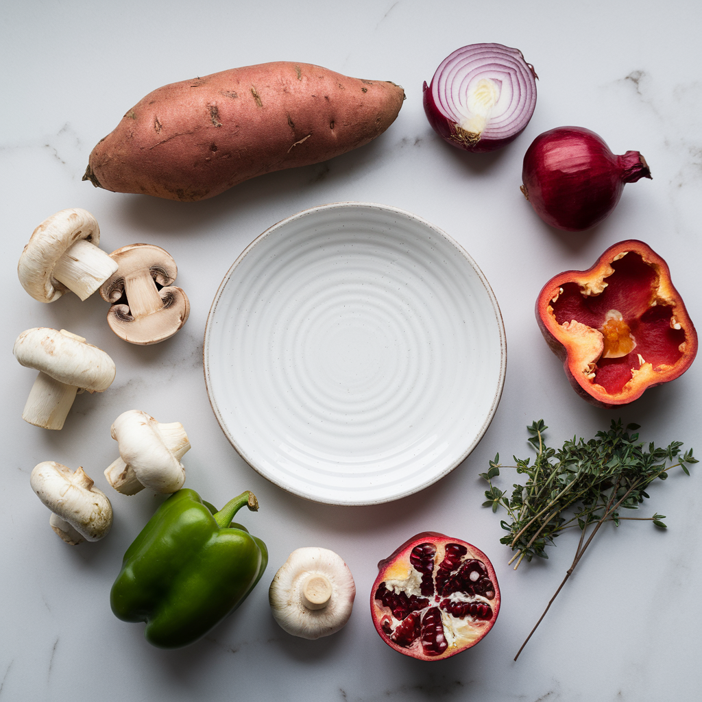 Ingredients for Hearty Sweet Potato & Mushroom Breakfast Hash with Pomegranate Salsa