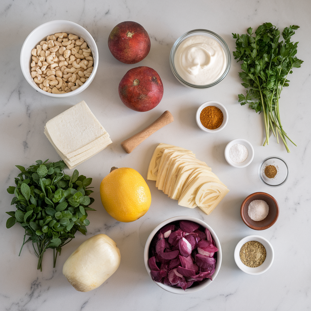 Ingredients for Heavenly Herb-Infused Eggplant Lasagna with Cashew Cream