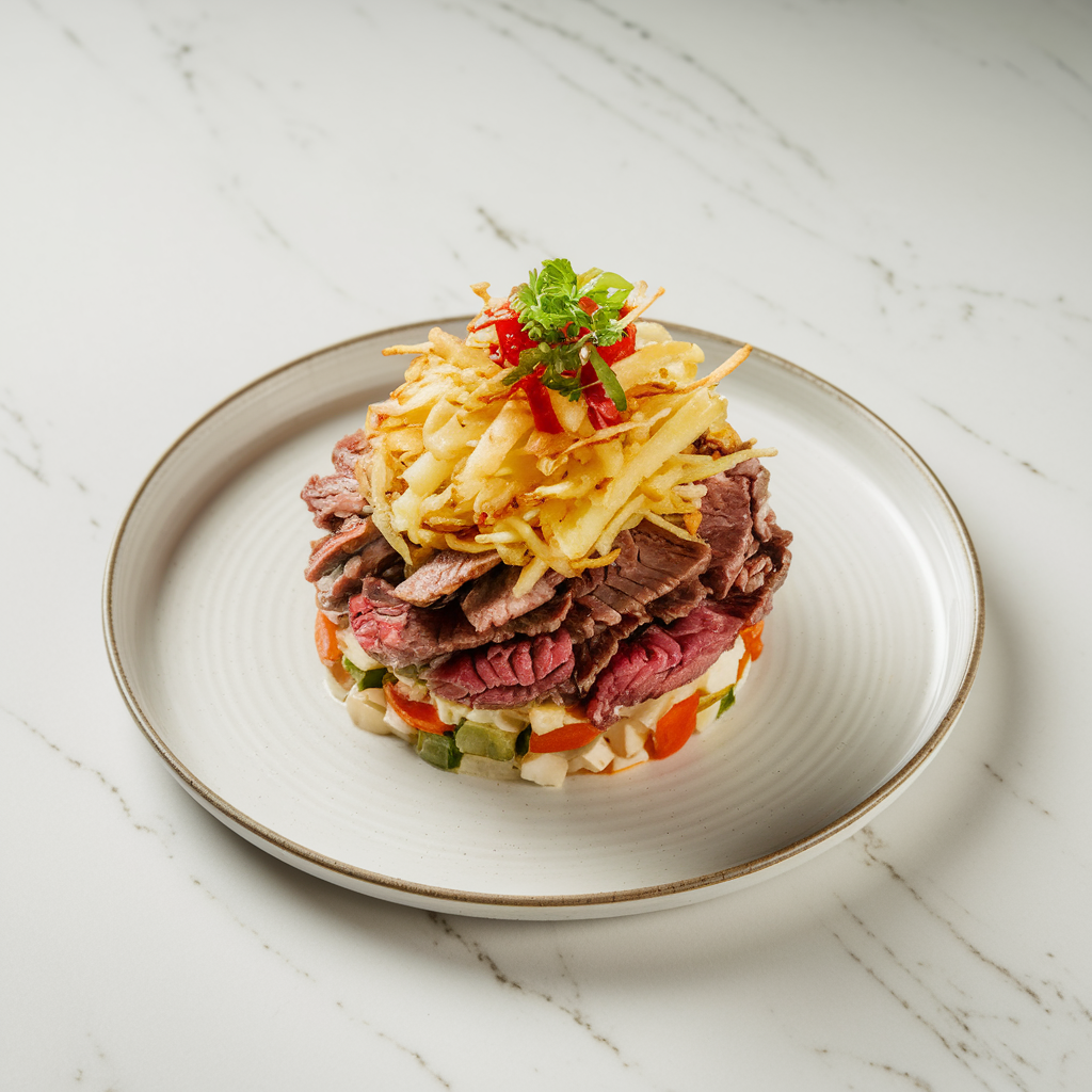 Korean BBQ Beef & Crispy Potato Salad Tower