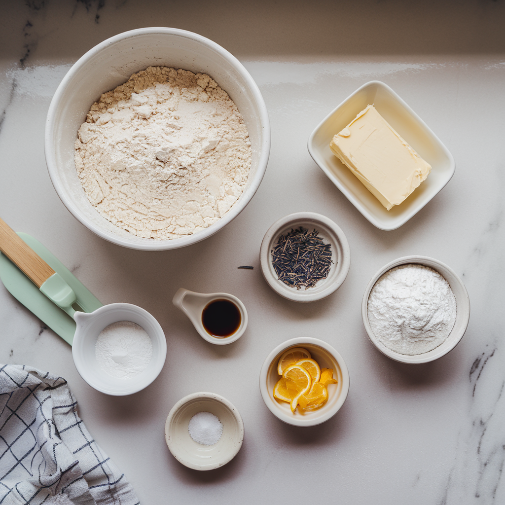 Ingredients for Whimsical Lavender and Lemon Shortbread Cookies