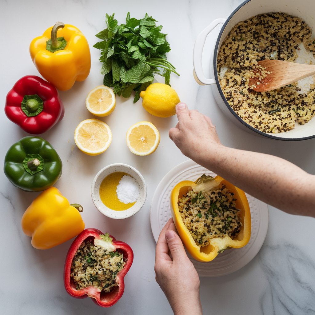 Ingredients for Zesty Quinoa Stuffed Bell Peppers with Avocado Lime Dressing