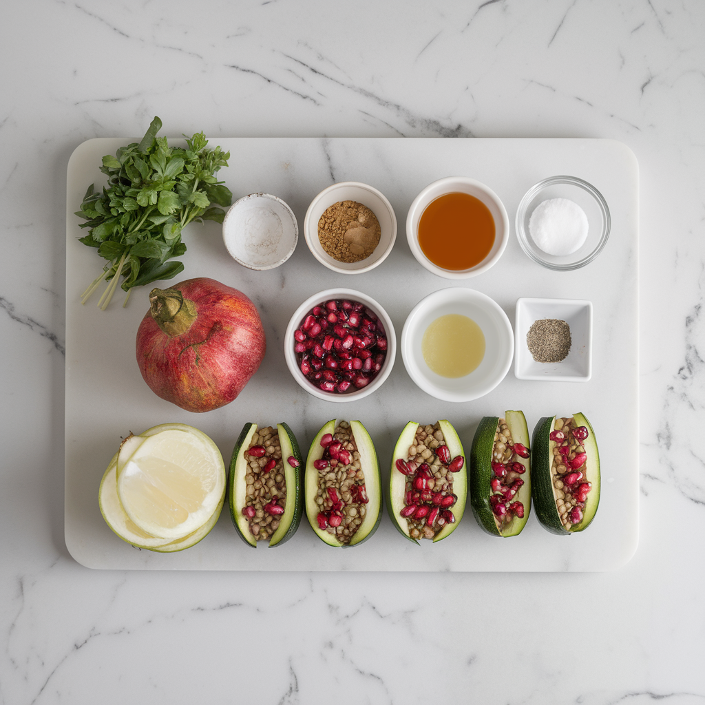 Ingredients for Lentil-Stuffed Zucchini Boats with Pomegranate Drizzle