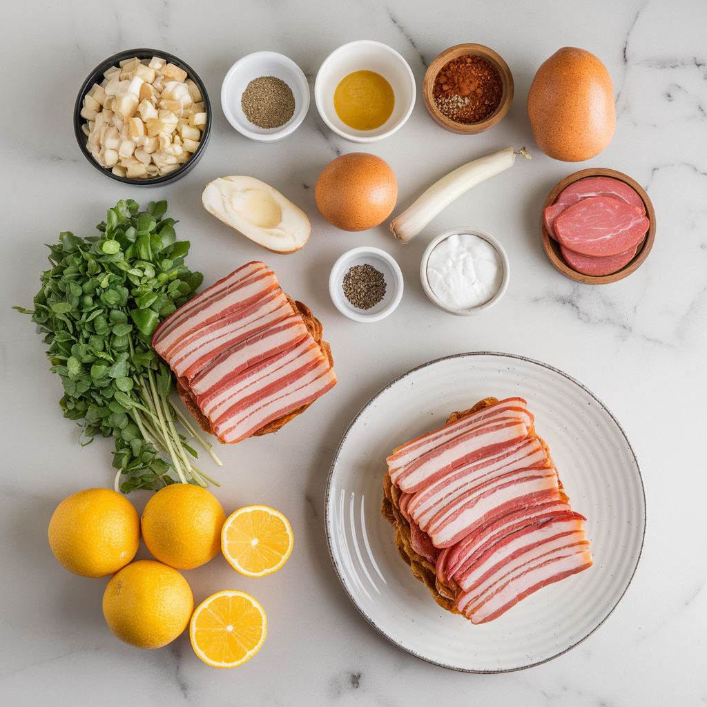 Ingredients for Loaded Bacon & Sausage Breakfast Hash Stack