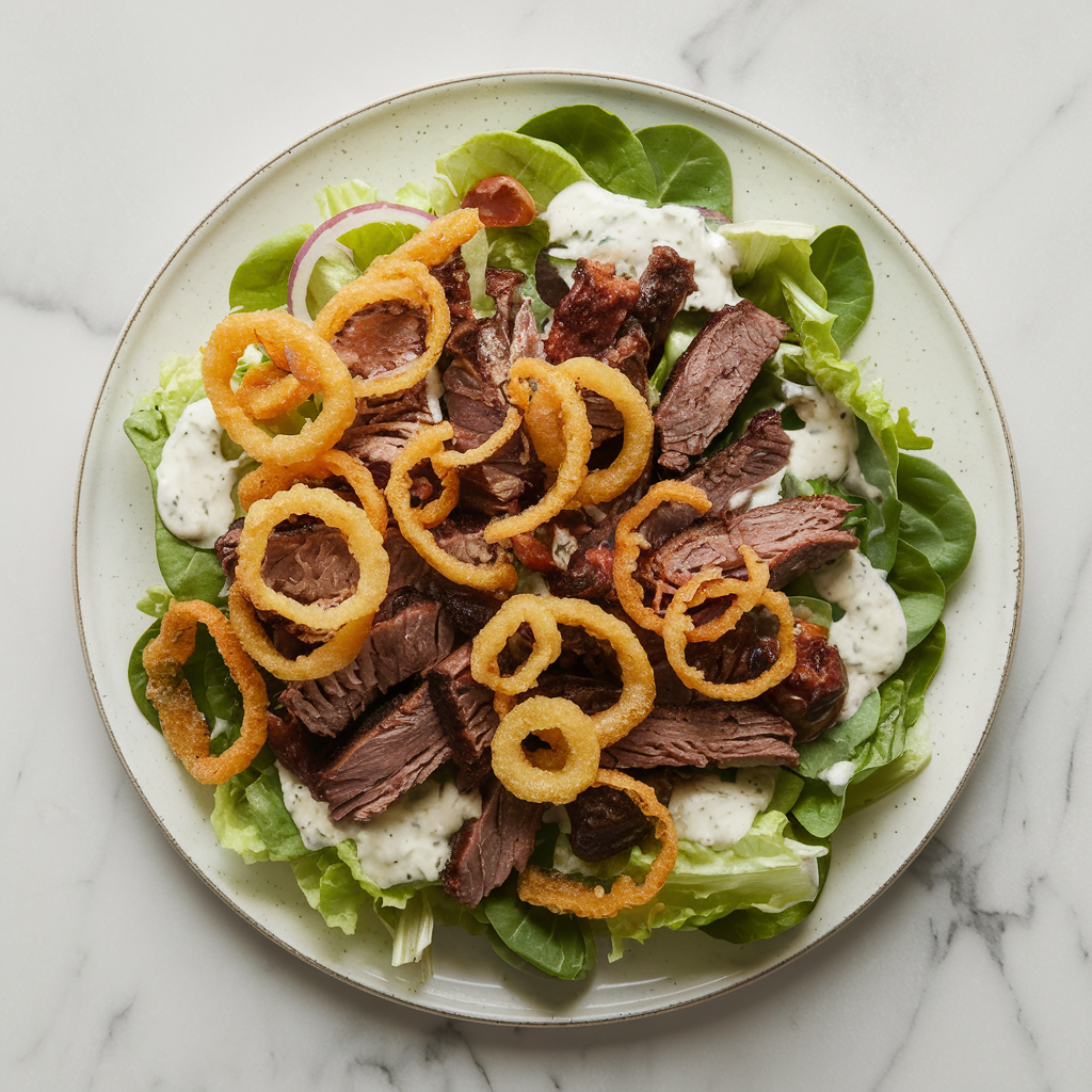 Loaded BBQ Brisket Salad with Crispy Onion Straws and Creamy Jalapeño Ranch