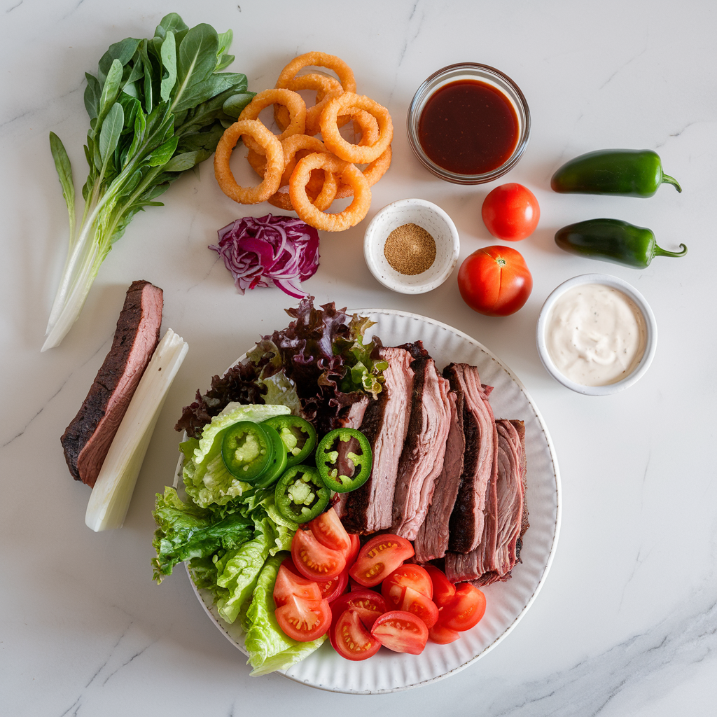Ingredients for Loaded BBQ Brisket Salad with Crispy Onion Straws and Creamy Jalapeño Ranch