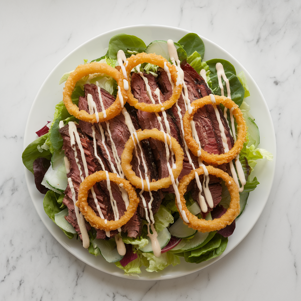 Loaded BBQ Brisket Salad with Crunchy Onion Rings and Cheddar Ranch Drizzle
