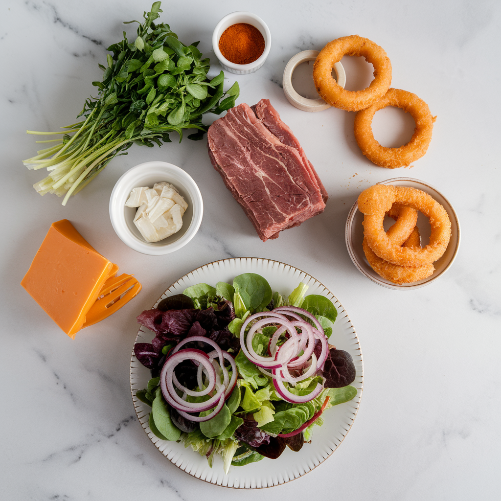 Ingredients for Loaded BBQ Brisket Salad with Crunchy Onion Rings and Cheddar Ranch Drizzle