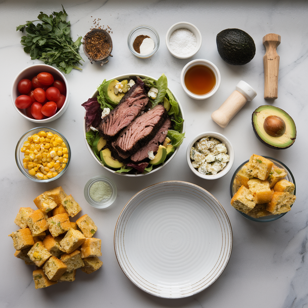 Ingredients for Loaded BBQ Brisket Salad with Jalapeño Cornbread Croutons