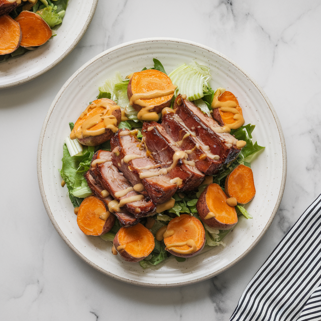 Loaded BBQ Pork Belly & Sweet Potato Salad with Honey Mustard Dressing