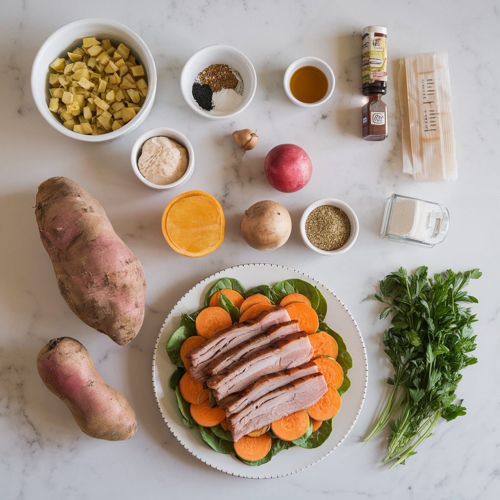 Ingredients for Loaded BBQ Pork Belly & Sweet Potato Salad with Honey Mustard Dressing