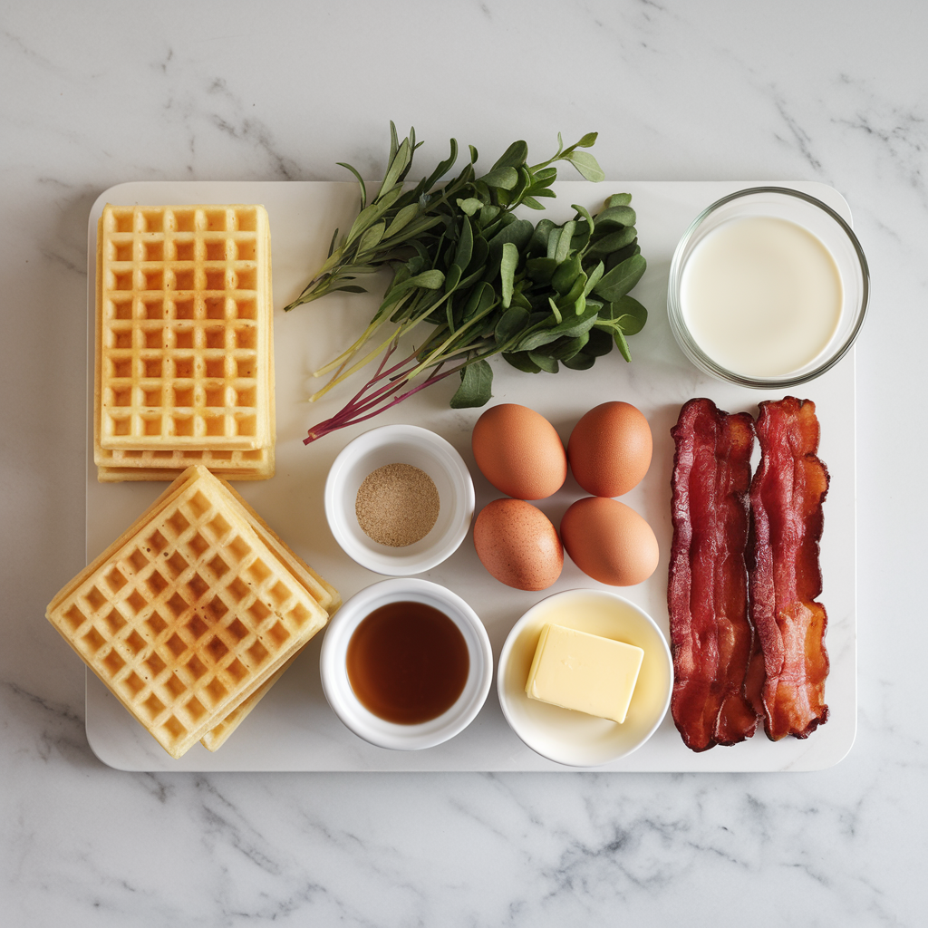 Ingredients for Maple Bacon Breakfast Waffle Casserole