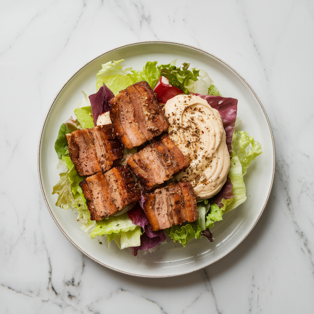 Meaty Mountain Cobb Salad with Crispy Pork Belly and Truffle Aioli