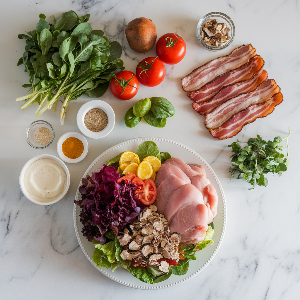 Ingredients for Meaty Mountain Cobb Salad with Crispy Pork Belly and Truffle Aioli
