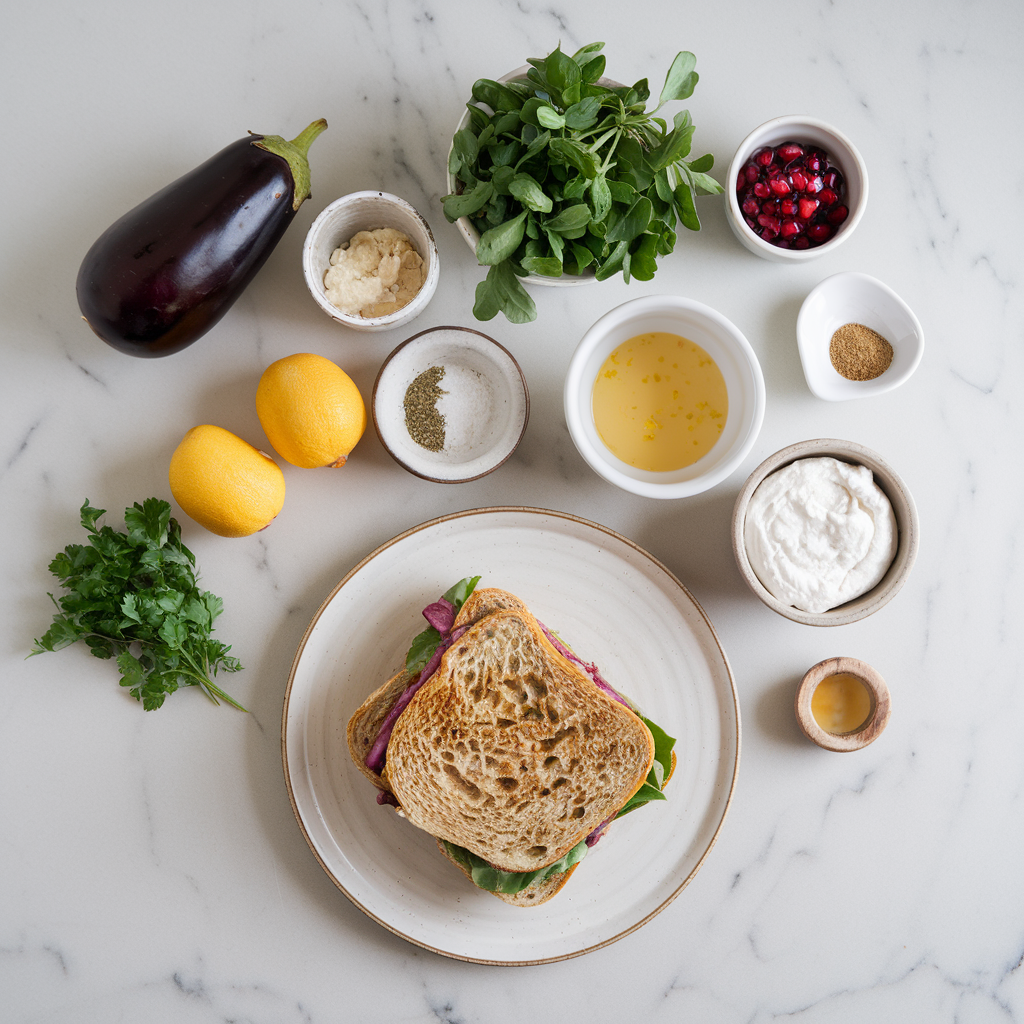 Ingredients for Mediterranean Eggplant and Chickpea Smash Sandwich with Pomegranate Glaze