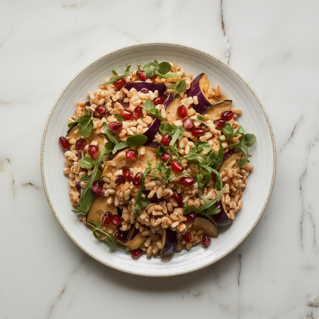 Vibrant Mediterranean Eggplant and Farro Salad with Pomegranate Vinaigrette