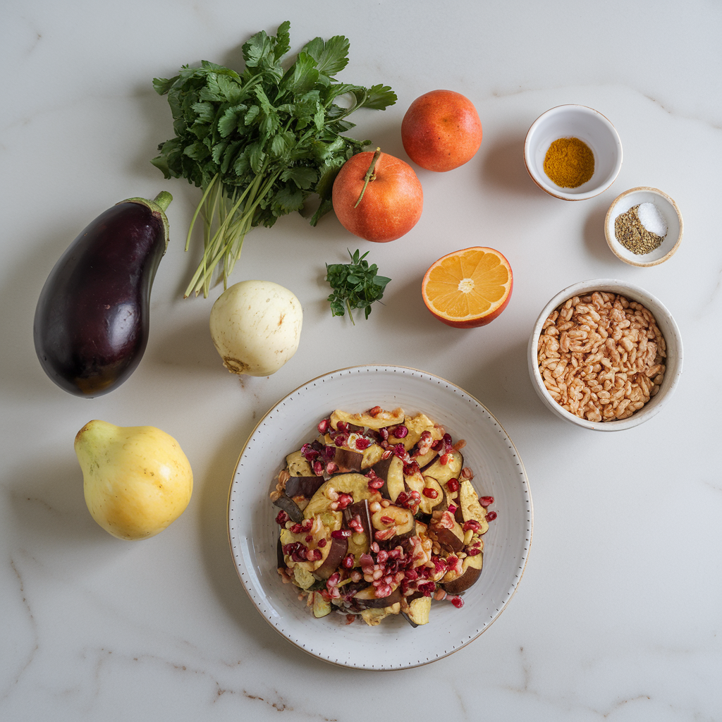 Ingredients for Vibrant Mediterranean Eggplant and Farro Salad with Pomegranate Vinaigrette