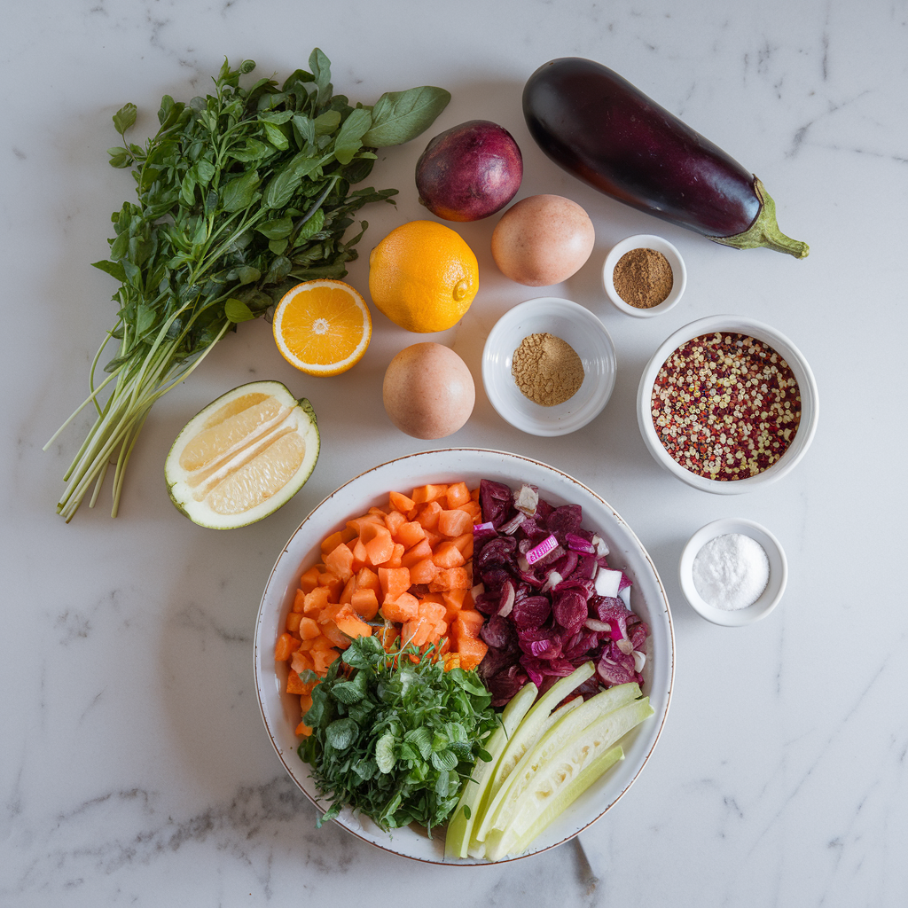 Ingredients for Vibrant Mediterranean Eggplant and Quinoa Salad with Citrus Sumac Dressing