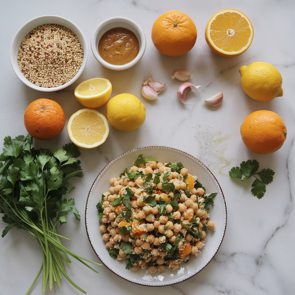 Ingredients for Mediterranean Harissa Chickpea and Quinoa Salad with Zesty Orange Tahini Dressing
