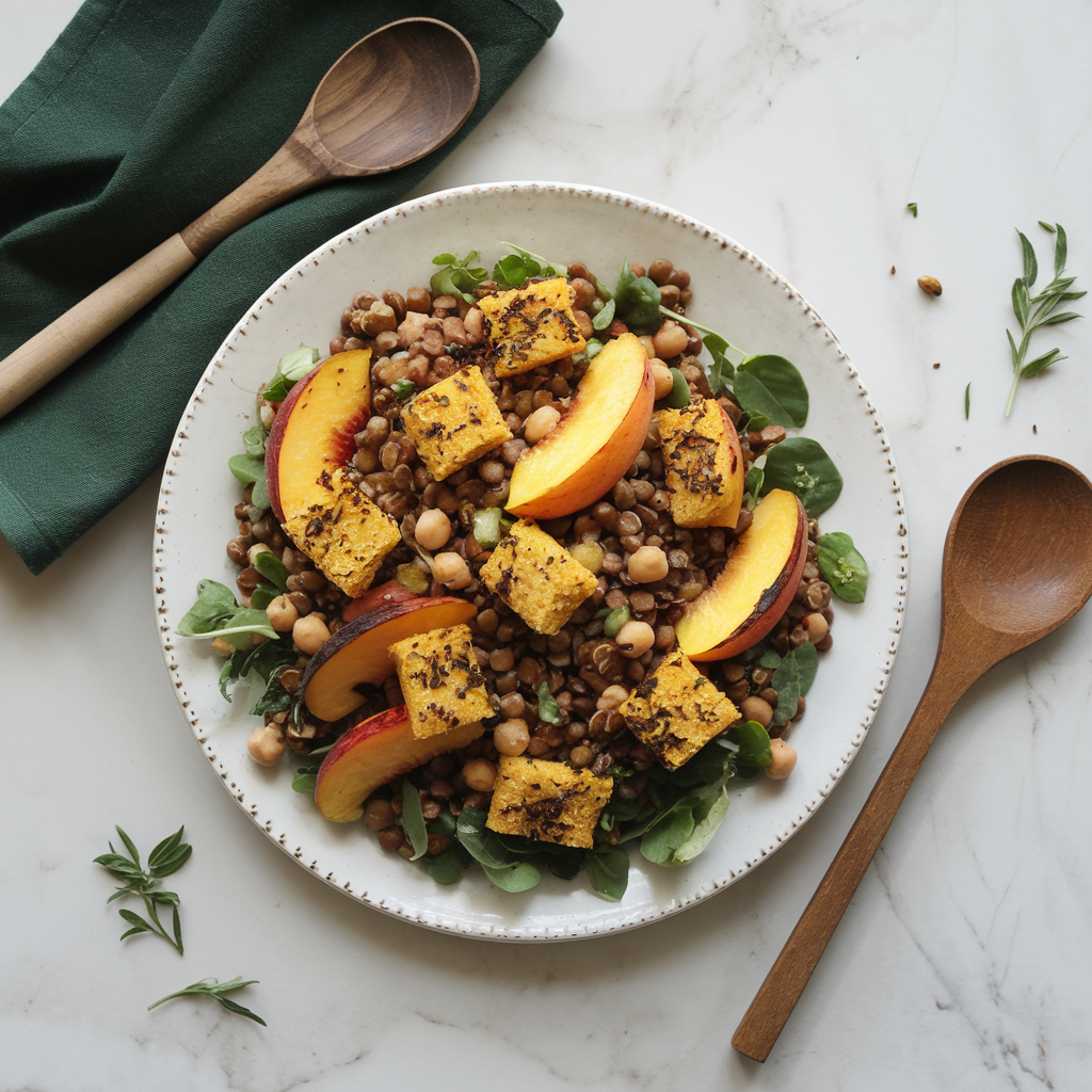 Vibrant Mediterranean Lentil & Grilled Peach Salad with Za'atar Chickpea Croutons