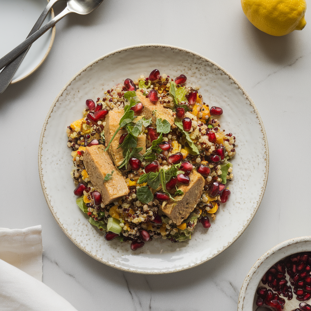 Mediterranean Spice Quinoa & Seitan Salad with Pomegranate Vinaigrette
