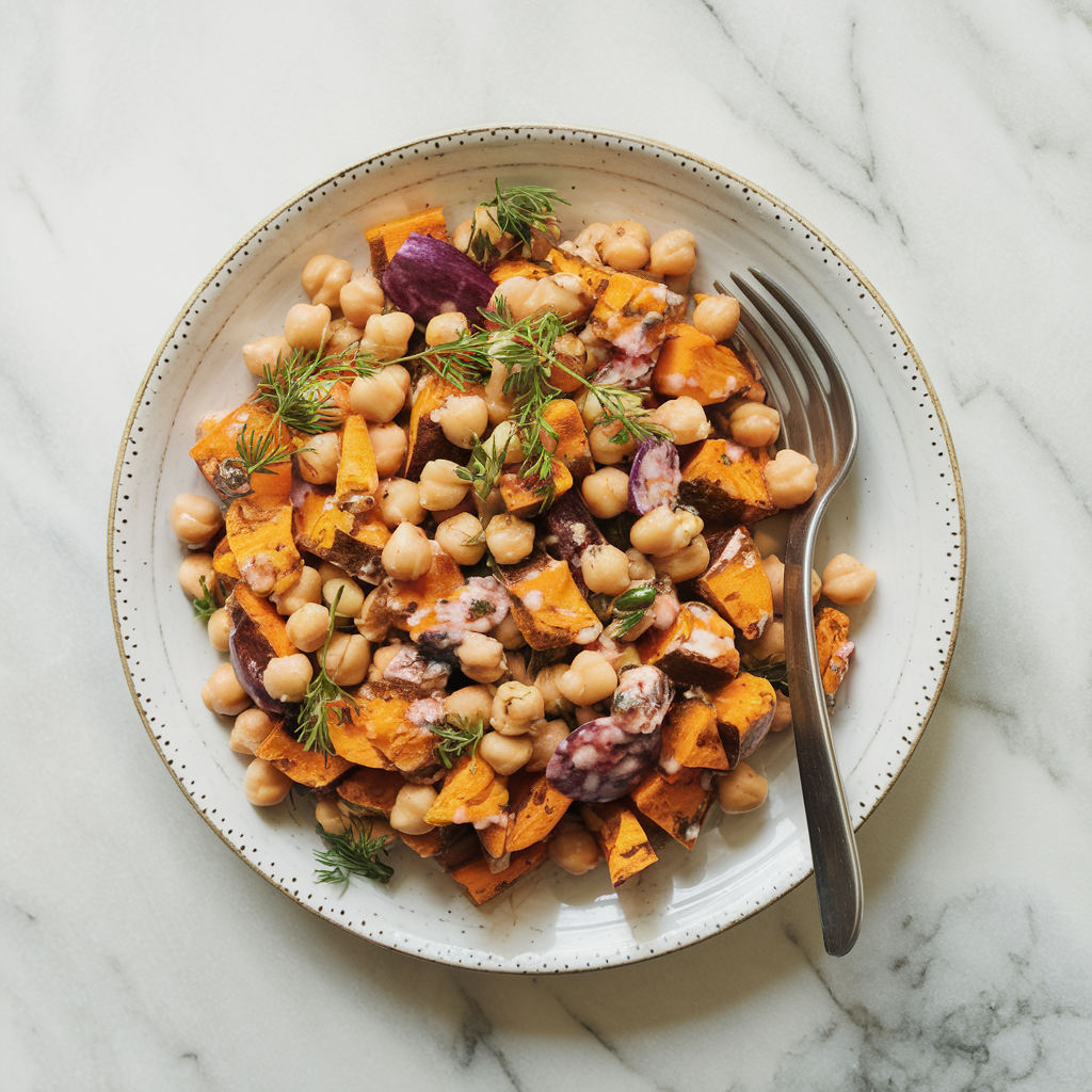 Vibrant Mediterranean Sweet Potato & Chickpea Salad with Za'atar Yogurt Dressing