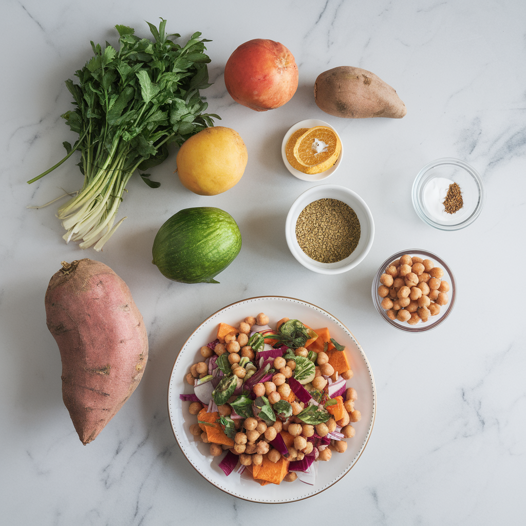 Ingredients for Vibrant Mediterranean Sweet Potato & Chickpea Salad with Za'atar Yogurt Dressing