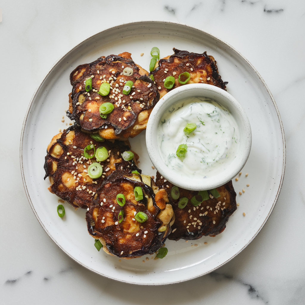 Hearty Miso-Glazed Eggplant & Chickpea Fritters with Fresh Herb Yogurt Dip