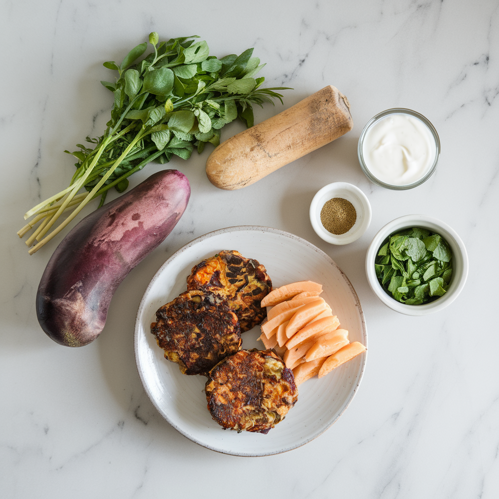 Ingredients for Hearty Miso-Glazed Eggplant & Chickpea Fritters with Fresh Herb Yogurt Dip