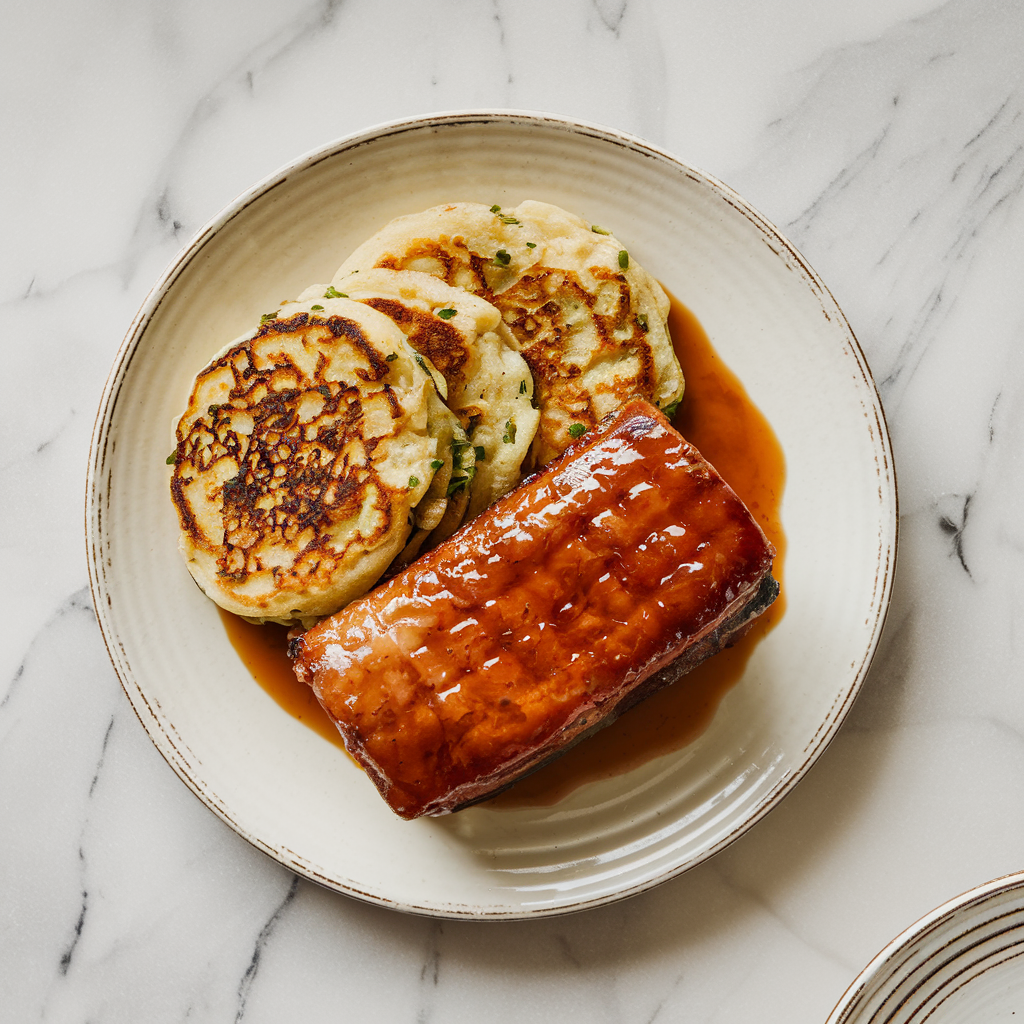 Miso Maple Glazed Pork Belly with Cheddar Scallion Pancakes