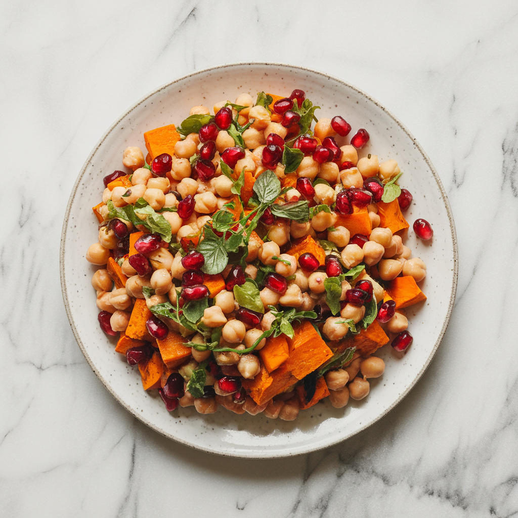 Vibrant Moroccan-Spiced Sweet Potato and Chickpea Salad with Pomegranate Vinaigrette