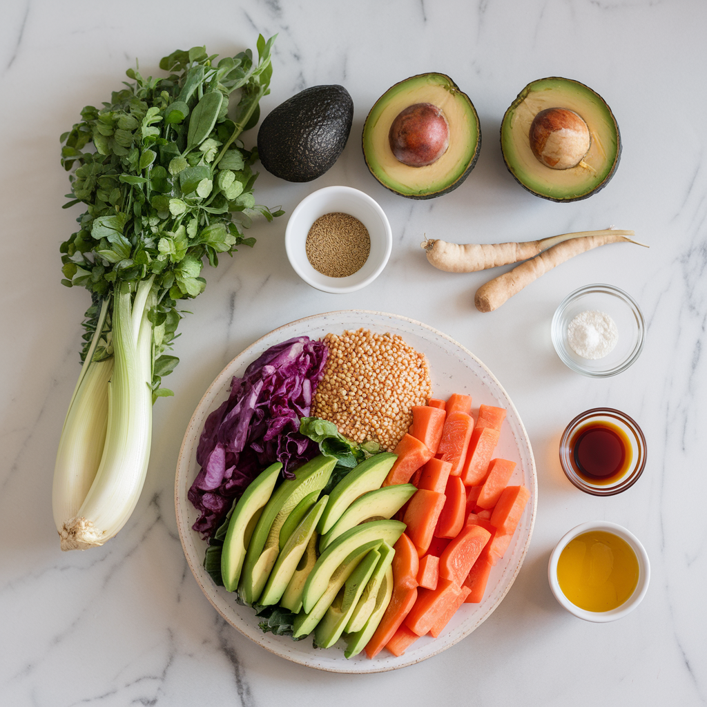 Ingredients for Nourishing Millet & Avocado Rainbow Salad with Spicy Mango Dressing