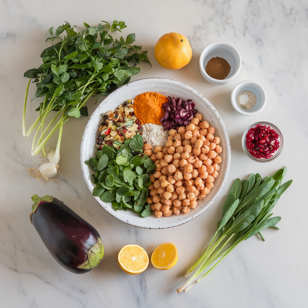 Ingredients for Nutrient-Packed Roasted Eggplant & Chickpea Salad with Pomegranate Dressing