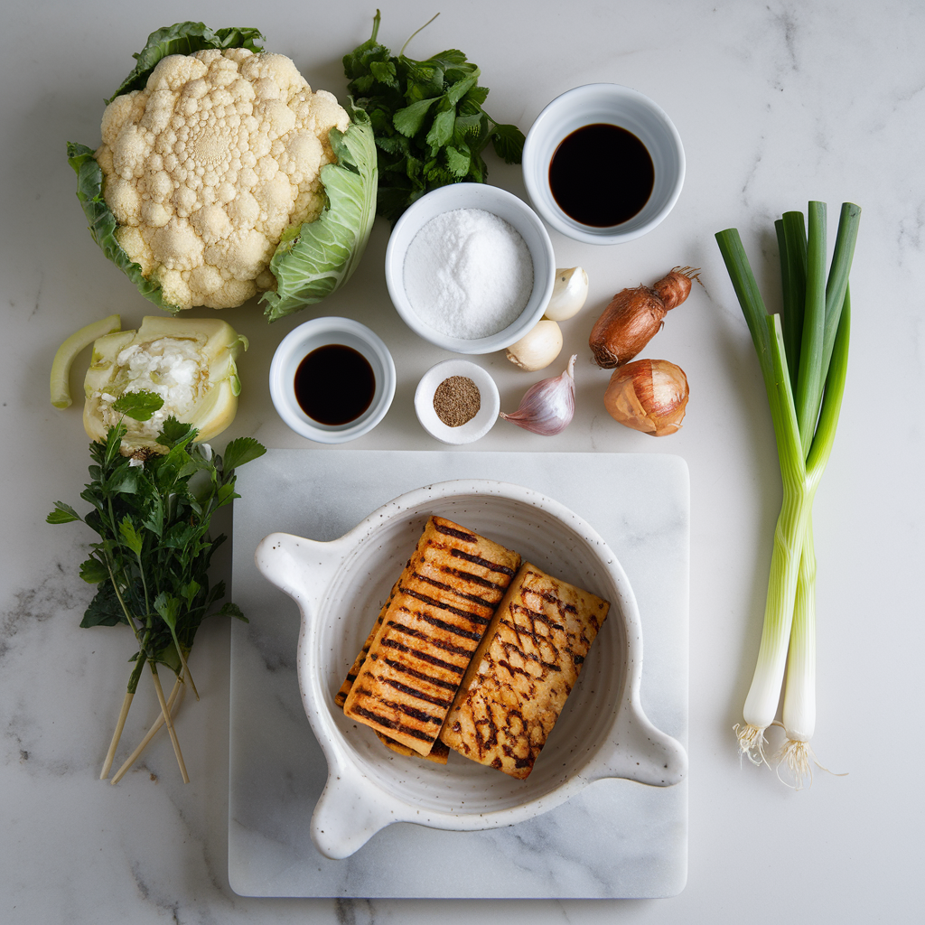 Ingredients for Nutritious Cauliflower-Crusted Katsu Curry with Grilled Tempeh