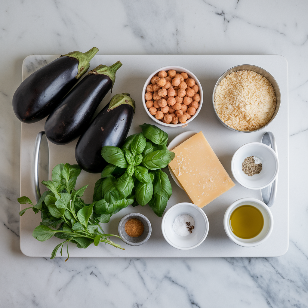 Ingredients for Nutritious Eggplant 'Parmesan' with Almond-Crusted Chickpea Patties