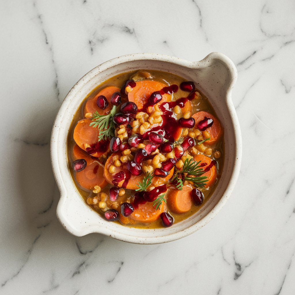 Nutty Saffron Carrot and Amaranth Stew with Spiced Pomegranate Drizzle