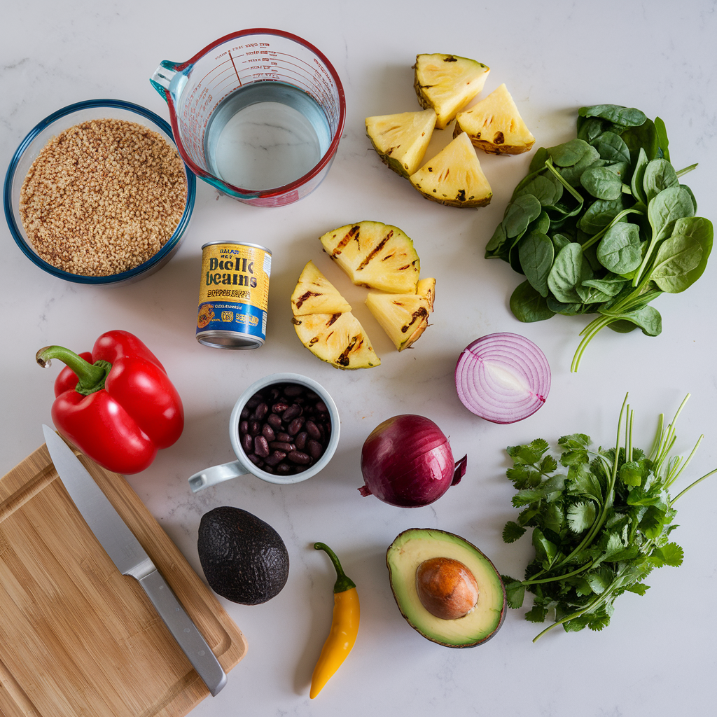 Ingredients for Peruvian-Inspired Quinoa and Grilled Pineapple Salad with Aji Amarillo Dressing