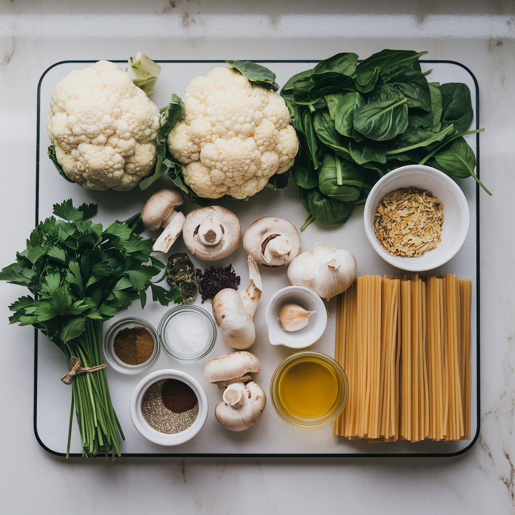 Ingredients for Protein-Packed Cauliflower Alfredo Lasagna with Spinach and Mushrooms